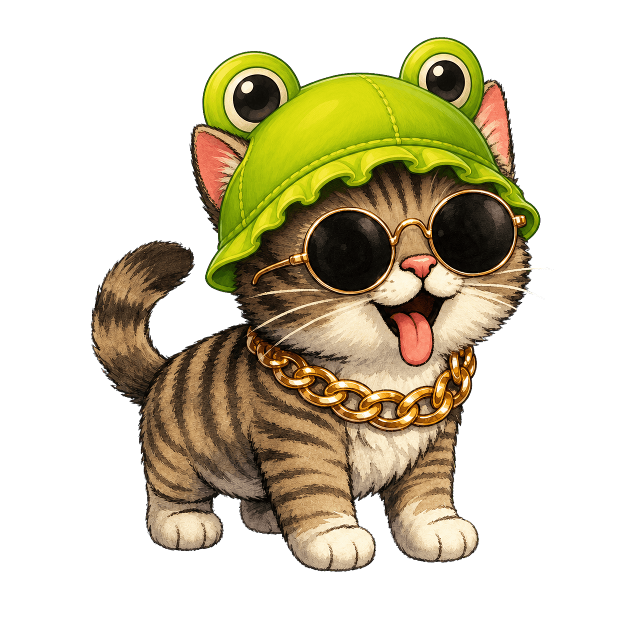 Rigby the cat wearing a frog hat and sunglasses